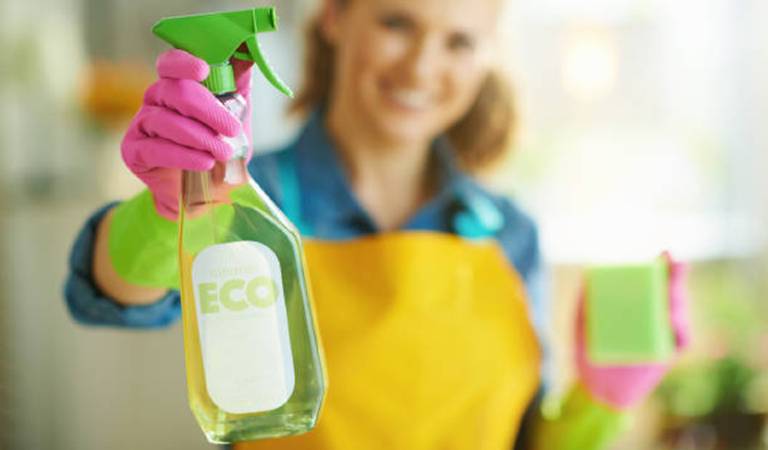Woman holding a green bottle eco written on bottle and green scrubber in her hand
