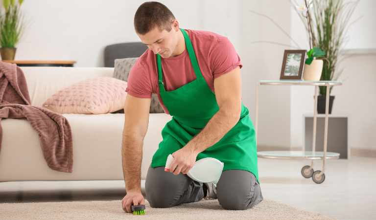Young man cleaning carpet with brush and detergent in living room