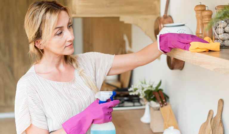 A beautiful lady in pink glove cleaning shelves using a yellow scrubber.