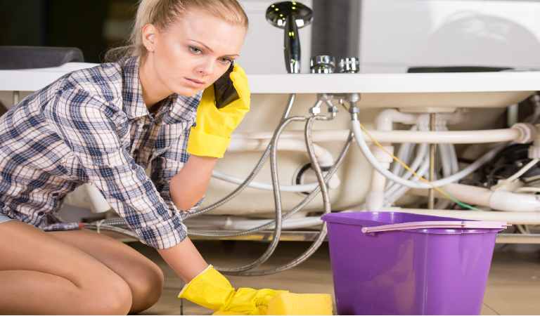 Woman in check shirt and yellow glove calling someone with purple basket on the floor.