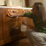A woman cleans and organizes her kitchen by washing wooden cabinets she works diligently on