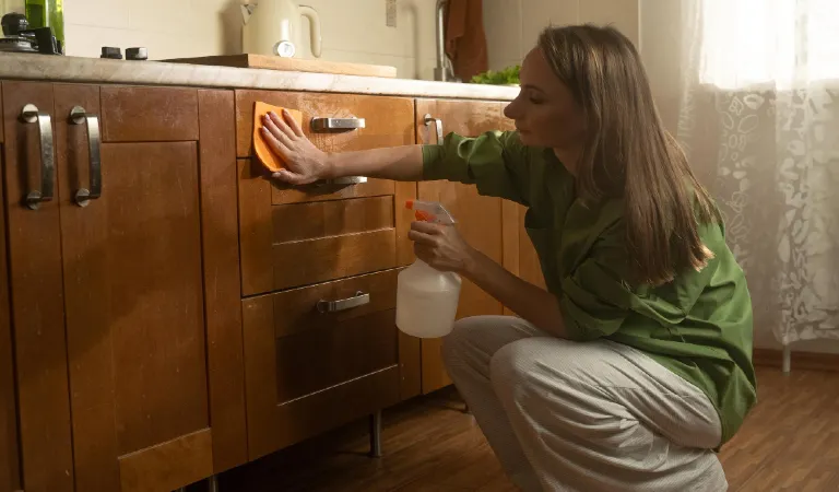 A woman cleans and organizes her kitchen by washing wooden cabinets she works diligently on