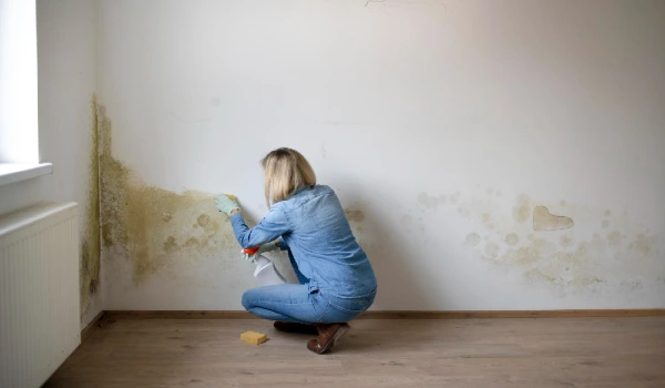 Woman cleans mold from dirty apartment wall person