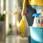 Basket with cleaning items and cleaner on blurry home interior background