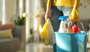 Basket with cleaning items and cleaner on blurry home interior background
