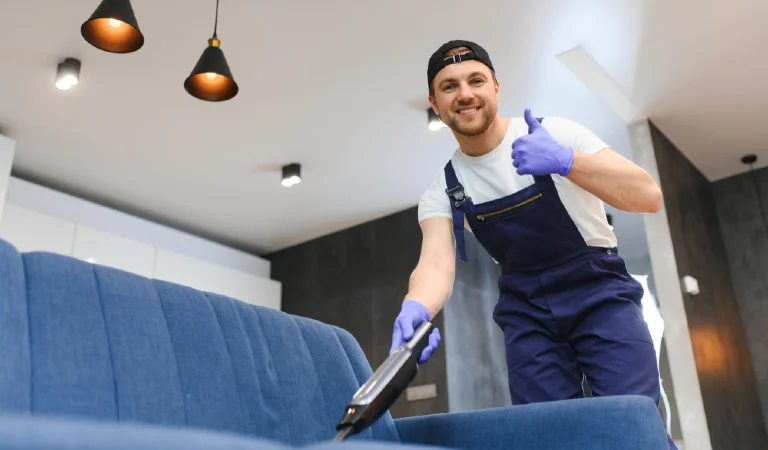 Housekeeper holding modern washing vacuum cleaner and cleaning dirty sofa with stain with professionally detergent