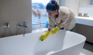 A woman doing cleaning at home and disinfecting the bathroom