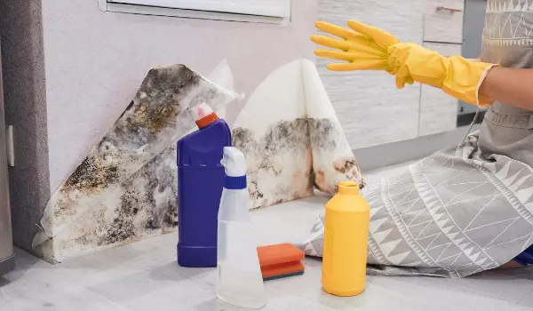 Housekeeper's hand with glove cleaning mold from wall with sponge and spray bottle